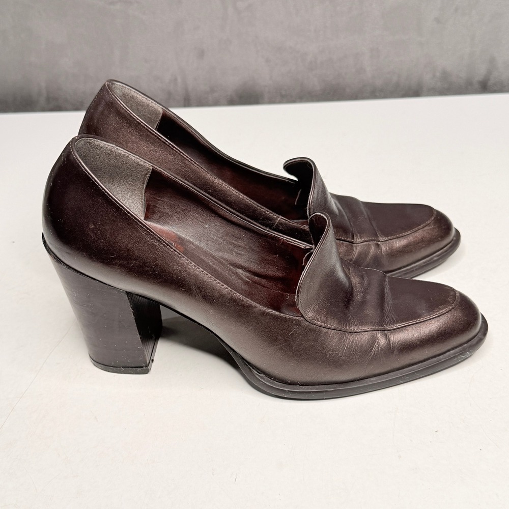 Nine West Carita Loafer Pumps Womens 7M Brown Leather Metallic Block Heel Brazil